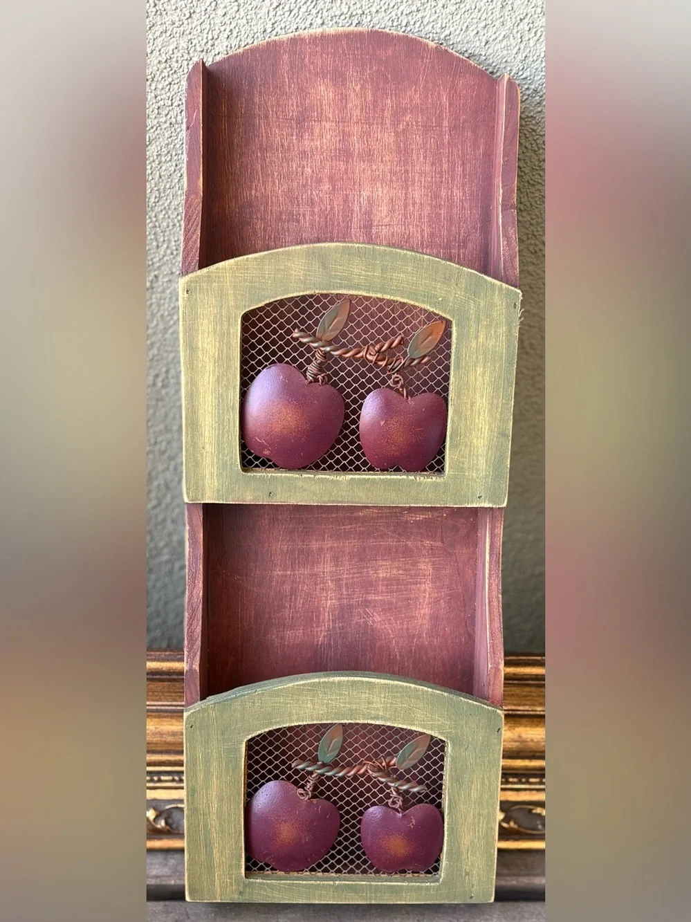Rustic Red and Olive Double Apple motif Wall Shelf - Home Wall Decor